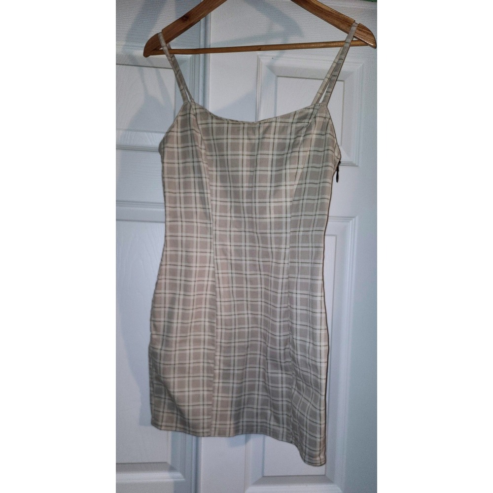 H&M Divided Women Beige Plaid Bodycon Mini Dress Spaghetti Strap Square Neck S